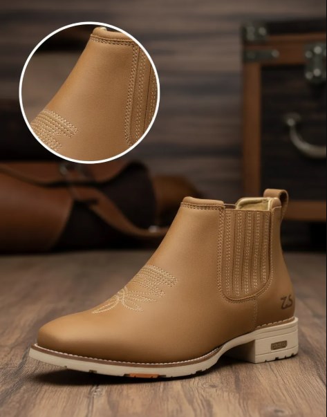 Botina Texana Zebu Masculina Bico Quadrado Sola Branca Cano Curto Couro Confortável Modelo 57020 - Imagem 2